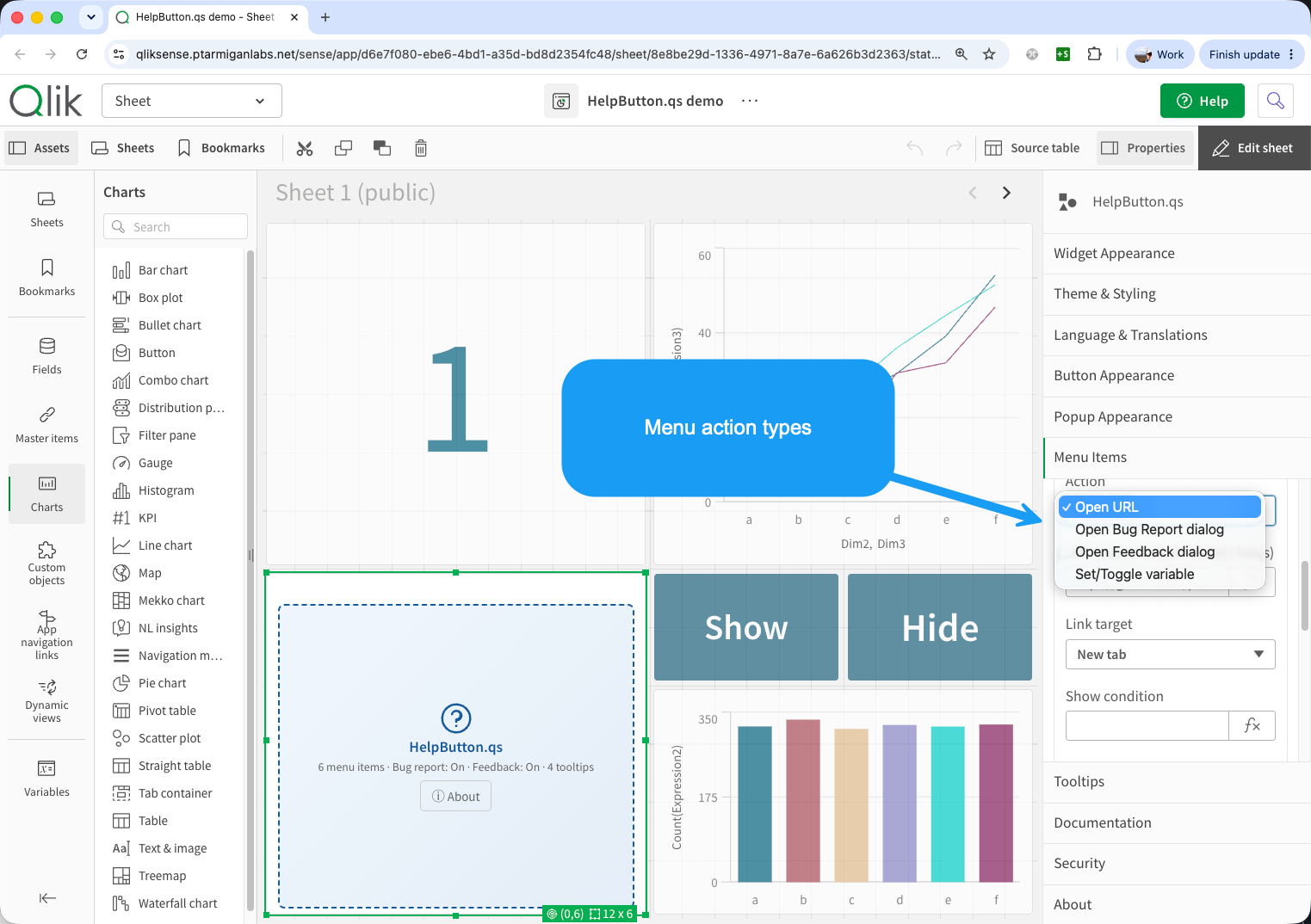 HelpButton.qs property panel showing the Menu Items section with the ACTION dropdown expanded, displaying the four available action types: Open URL, Open Bug Report dialog, Open Feedback dialog, and Set/Toggle variable. The dropdown is highlighted with a blue callout labeled "Menu action types". The background shows a Qlik Sense sheet with charts and a HelpButton.qs widget configured with 6 menu items, bug report and feedback enabled, and 4 tooltips.