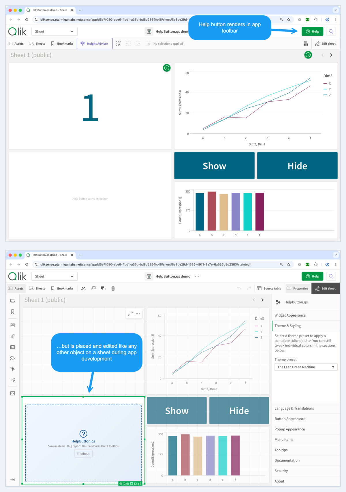 Composite showing HelpButton.qs in edit mode on a sheet during development, and then in analysis mode rendering as a toolbar button instead of occupying sheet space