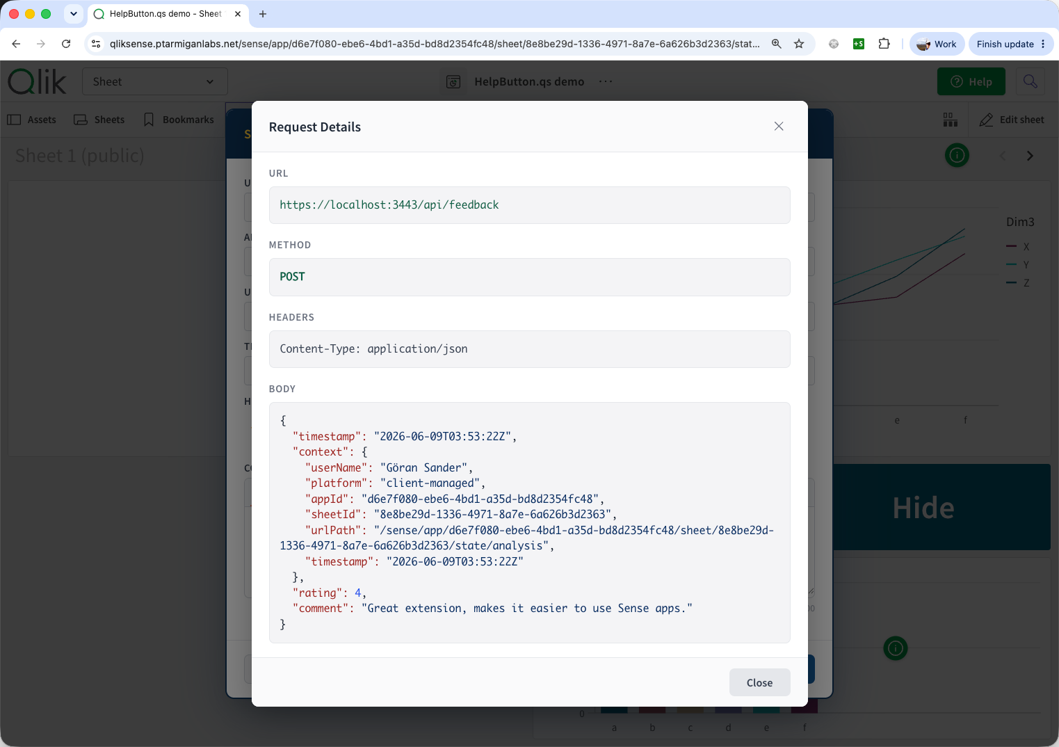 Request Details dialog showing a feedback payload with URL (https://localhost:3443/api/feedback), method (POST), headers (Content-Type: application/json), and JSON body containing timestamp, context (userName, platform, appId, sheetId, urlPath), rating, and comment fields