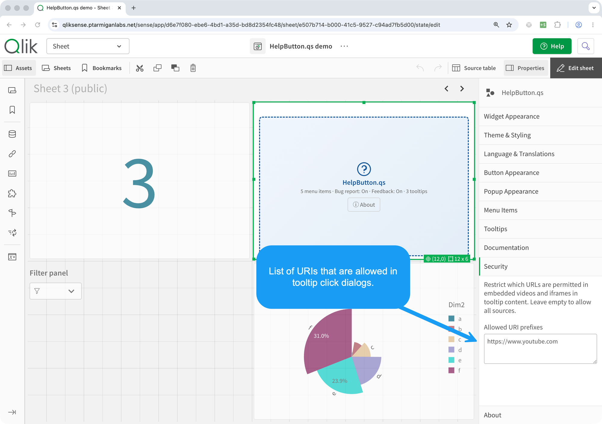 Screenshot showing the HelpButton.qs Security section in the property panel, where Allowed URI prefixes can be configured for embedded tooltip videos and iframes