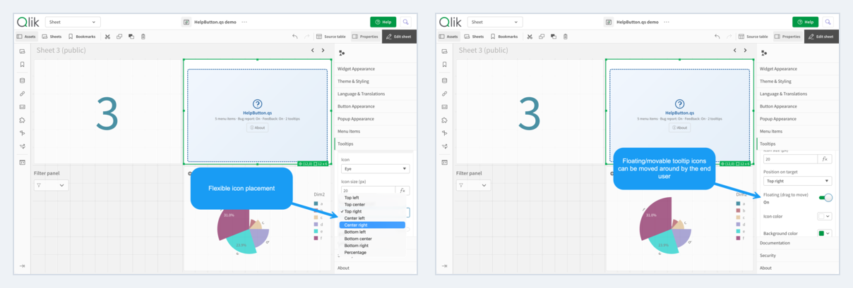 Side-by-side comparison showing HelpButton.qs tooltip positioning options: fixed placement using built-in anchor positions and floating placement where end users can drag the icon
